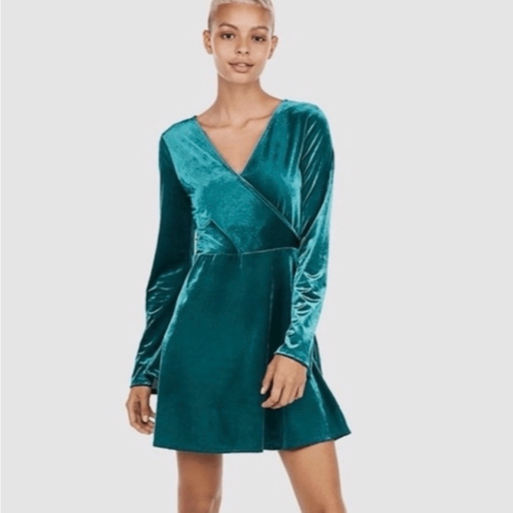 Express Teal Long Sleeve Velvet Mini Dress